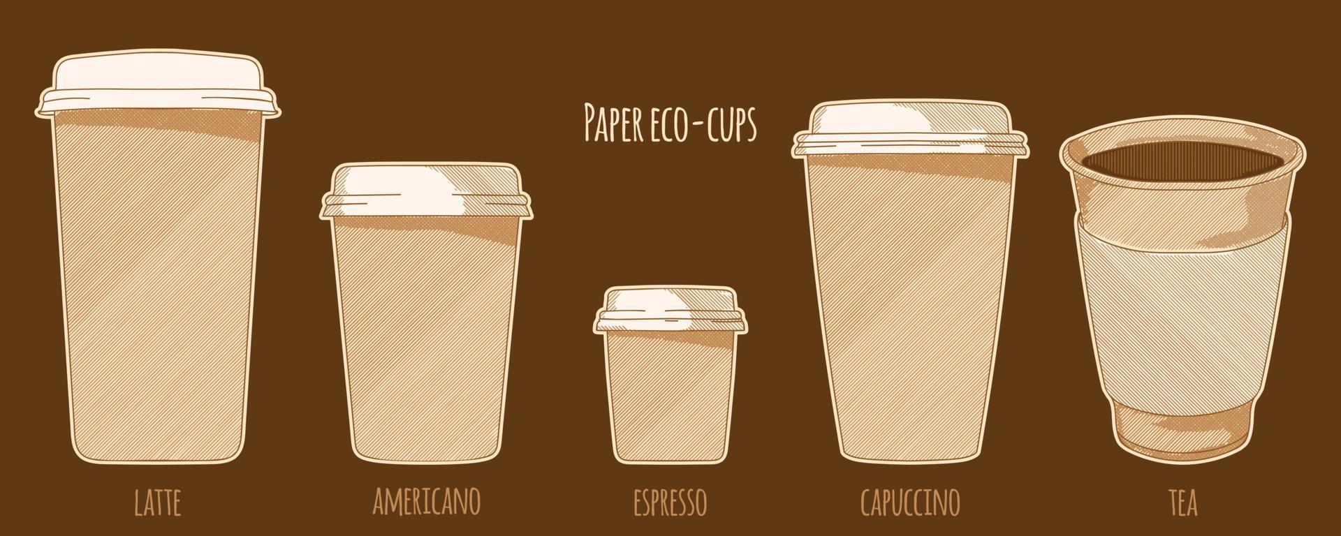 vasos de papel con bebidas calientes, café y té, boceto dibujado a mano vector