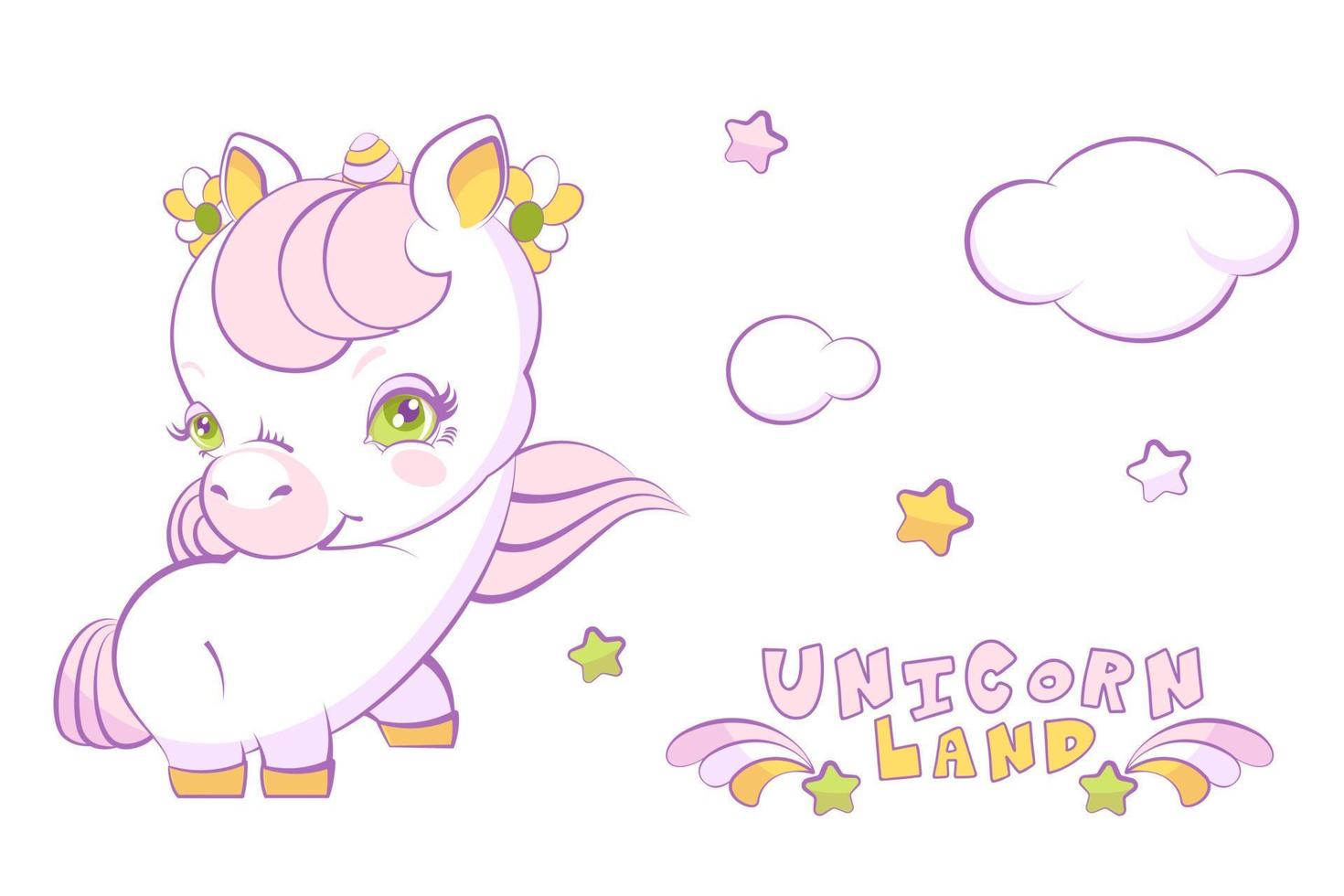 linda niña blanca princesa unicornio con cabello rosado y estrellas vector