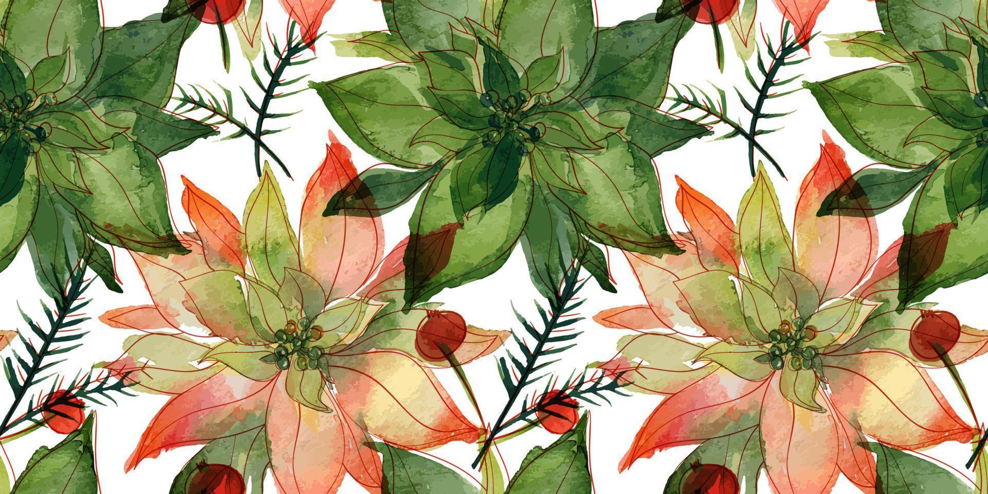 Christmas floral traced watercolor seamless pattern. Poinsettia and laurel branch and ale. Seamless decor for cute Christmas and New Year greetings and invitations and wrapping paper or textiles vector