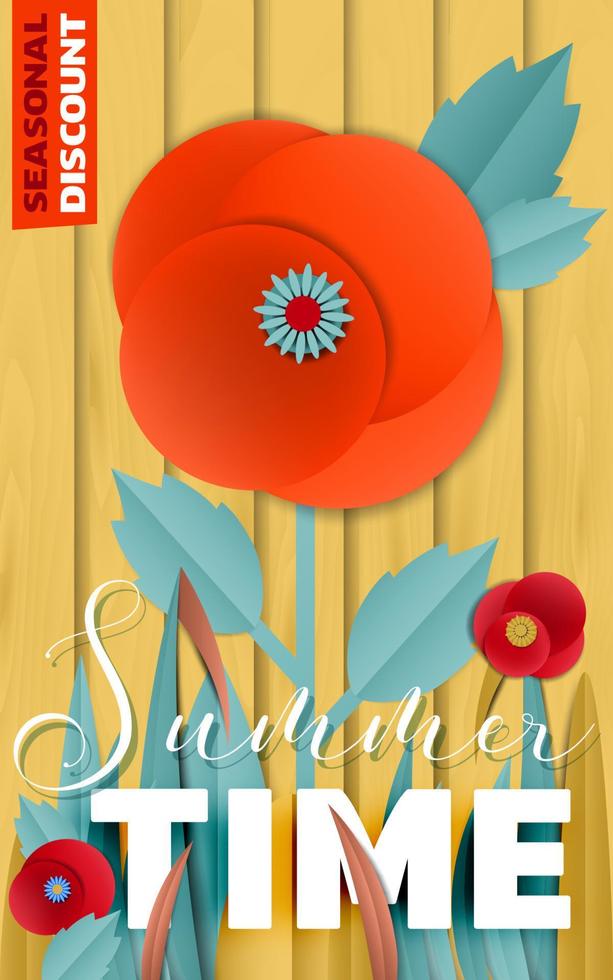 Vector Summer discount poster by cut paper poppy flowers