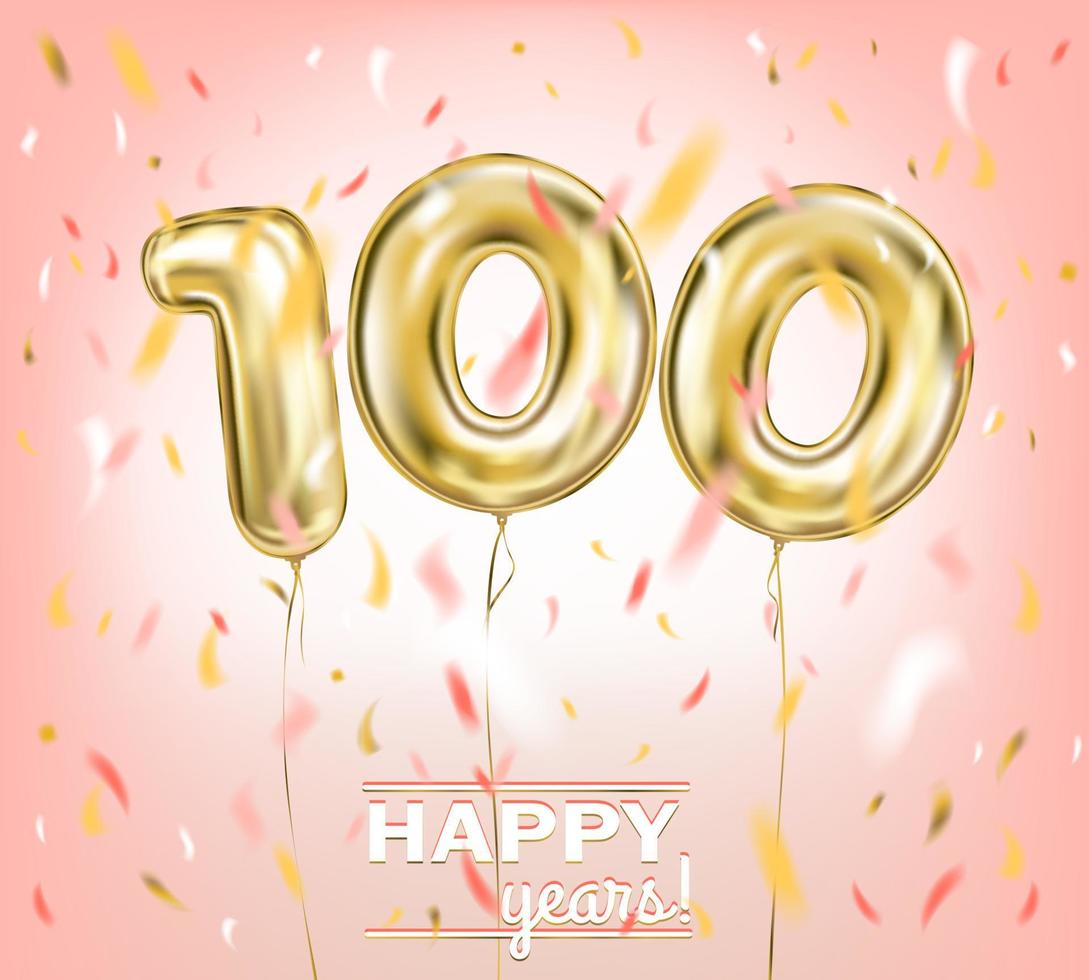 High quality vector image of gold balloon hundred. Design for anniversary, coral pink background