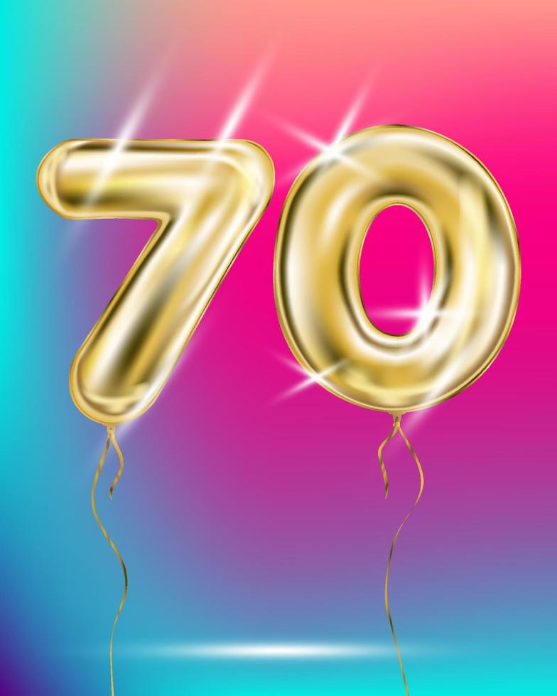 Gold foil balloon seventy number on disco rainbow gradient background vector