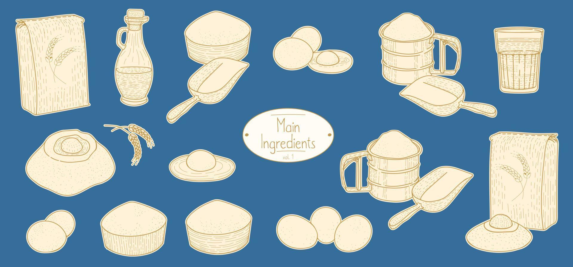 ingredientes principales para la receta de pasta de comida italiana, dibujando la ilustración en estilo retro vector
