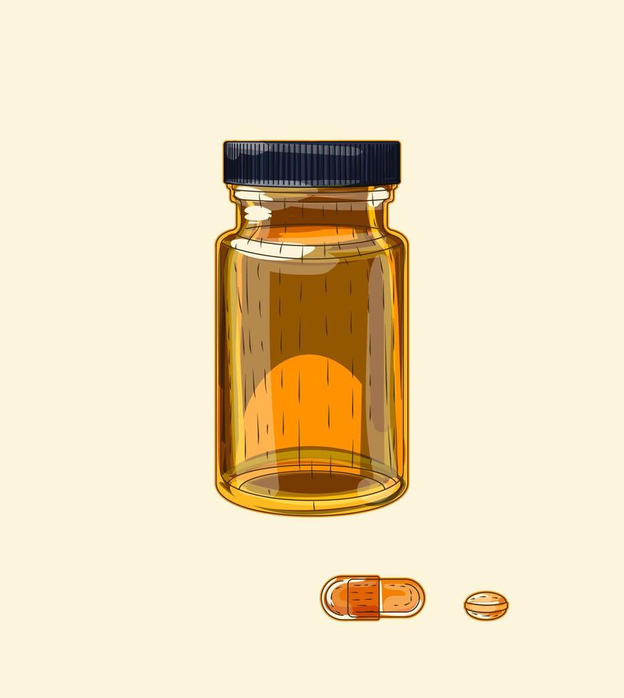Medicinal brown glass wide vial and pills, hand drawn sketch art vector
