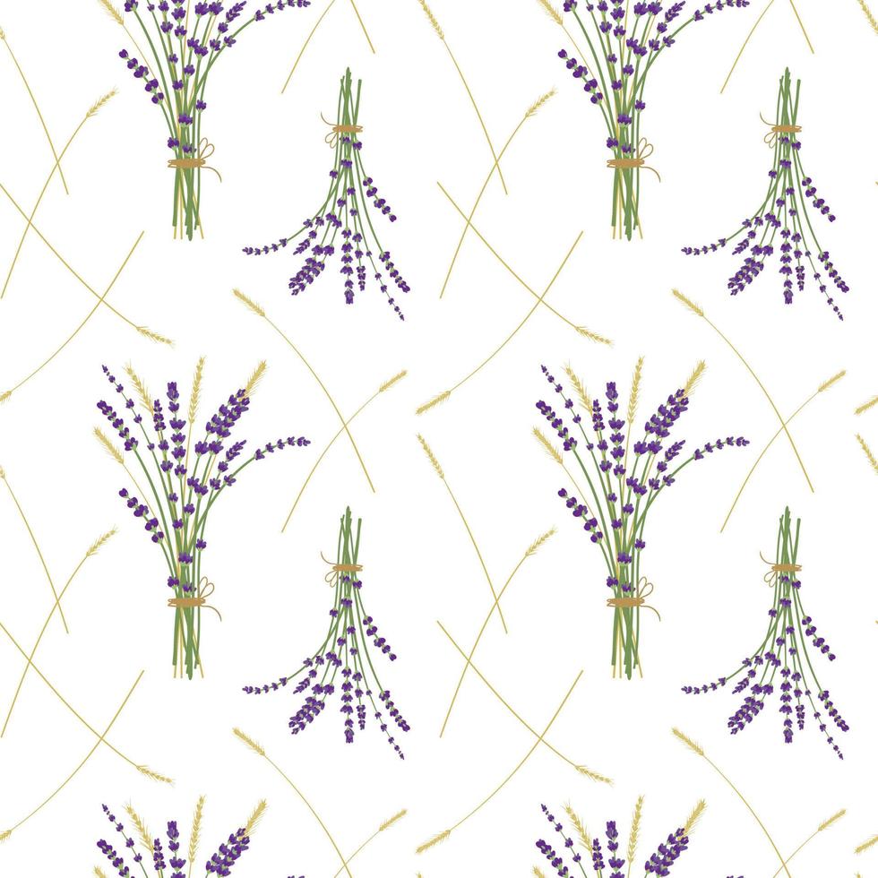 Lavender bouquet ans wheat pattern, white background vector