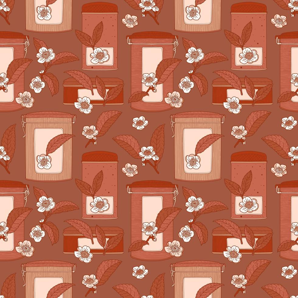 Dark brown seamless pattern with tea flowers, leaves and cans vector