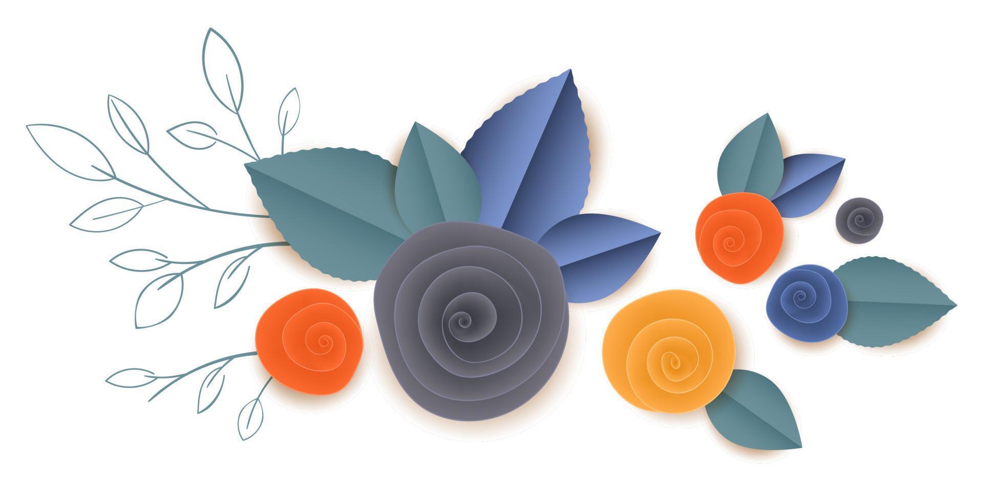 vector cut paper rose flowers in vignette