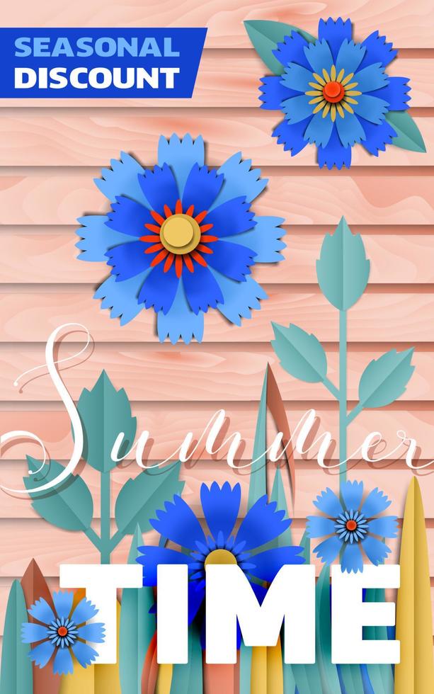 Vector Summer discount poster by cut paper cornflowers