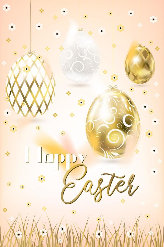 Easter porceline and golden eggs and confetti in the cream sky and grass vector