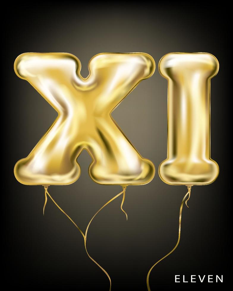 Roman 11 number, gold foil balloon XI form on the black background vector