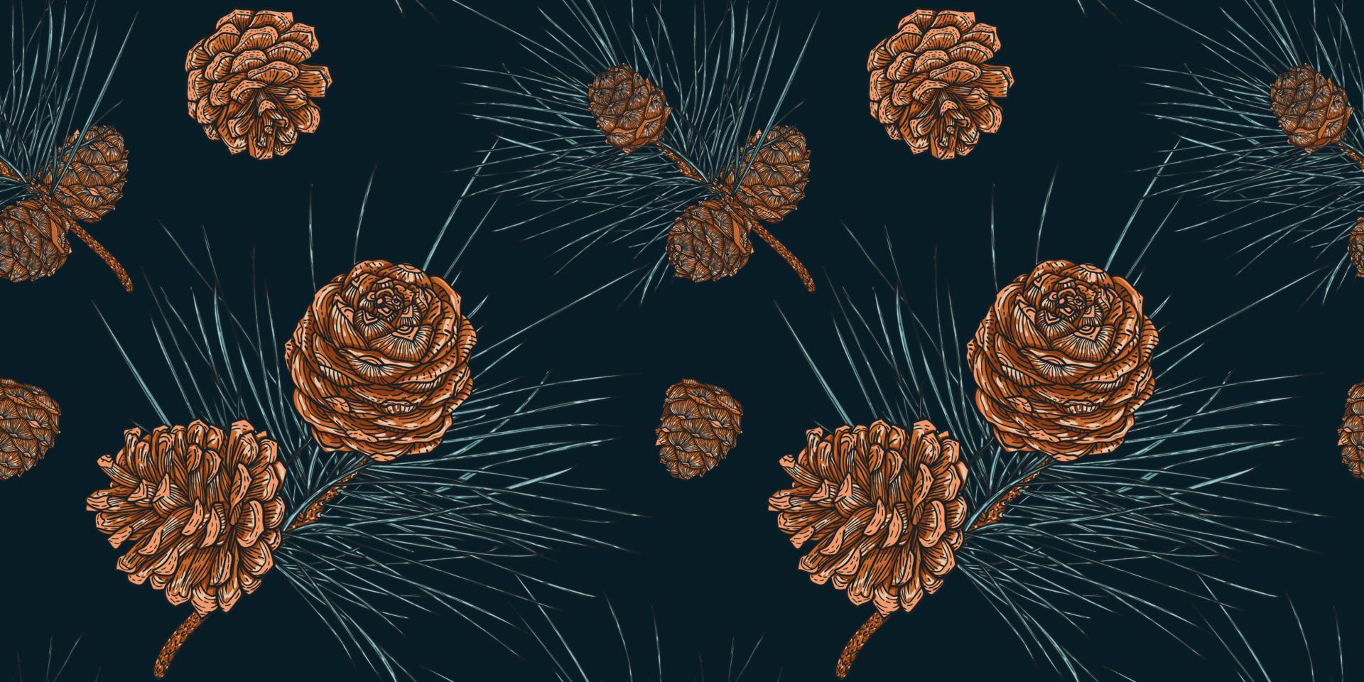 Seamless Pattern of Christmas cedar branches with cones on a dark blue background, modern illustration in vintage trend vector