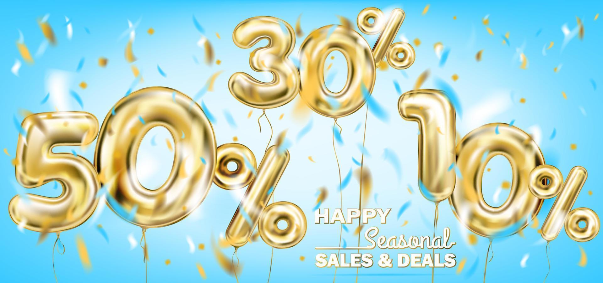 High quality vector image of gold balloon 50, 30,10 percent. Design for seasonal sales, discounts and any events, sky blue background