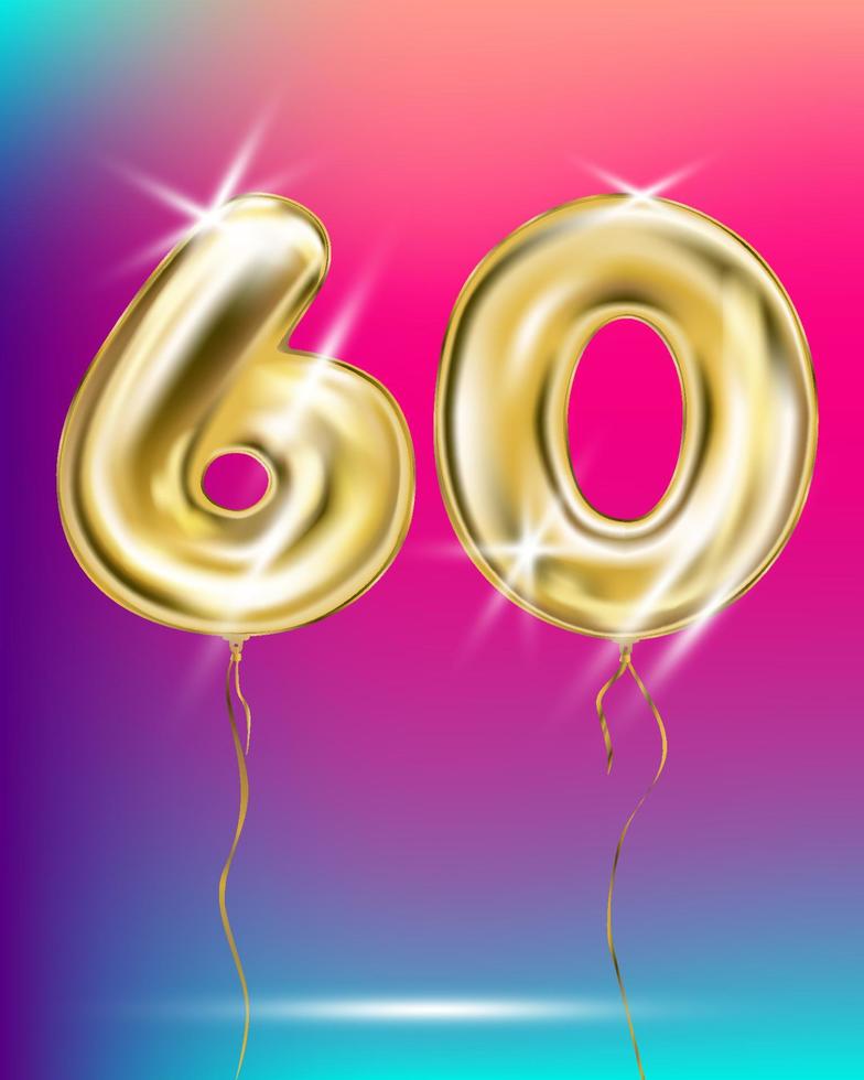 Gold foil balloon sixty number on disco rainbow gradient background vector