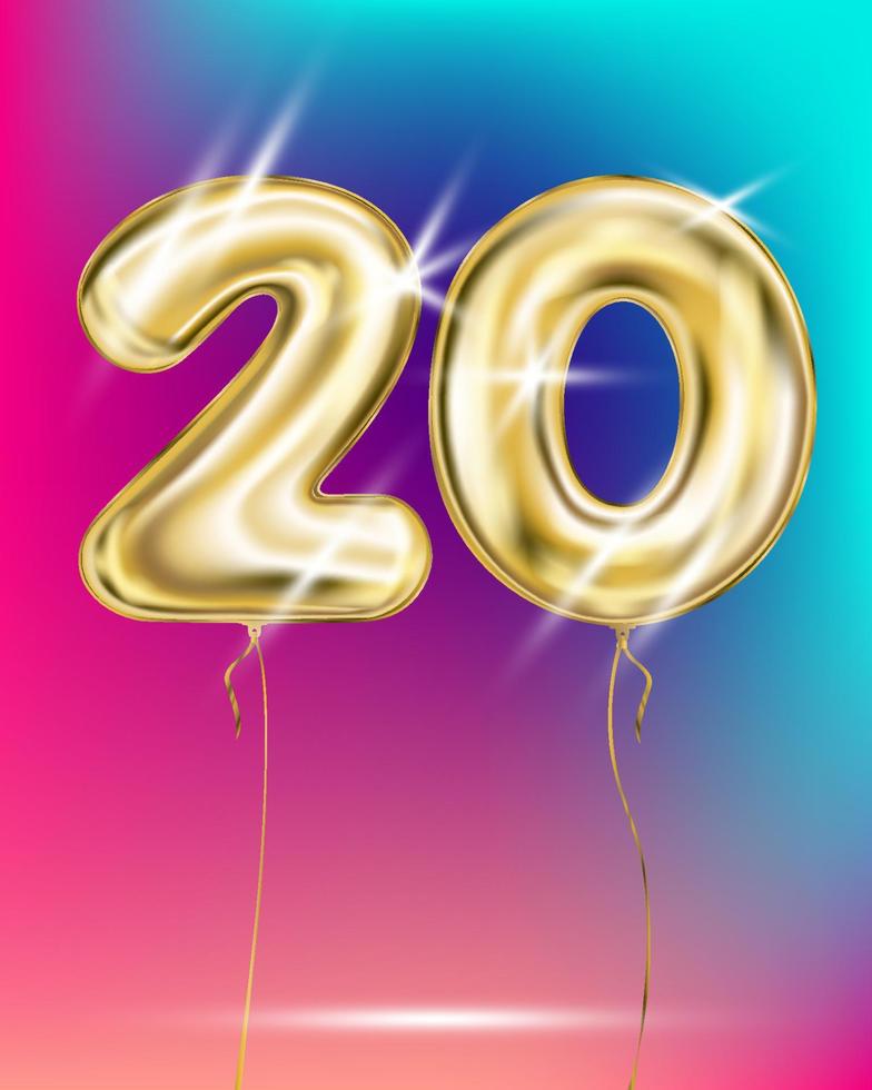 Gold foil balloon twenty 20 number on disco rainbow gradient background vector