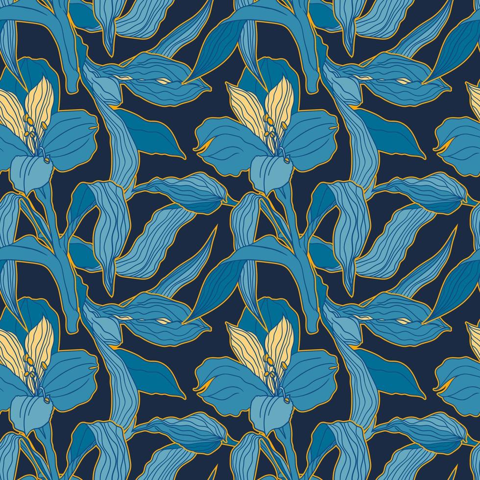 patrón floral azul oscuro sin costuras con cogollos y flores de alstroemeria altamente detallados para impresión natural botánica vector