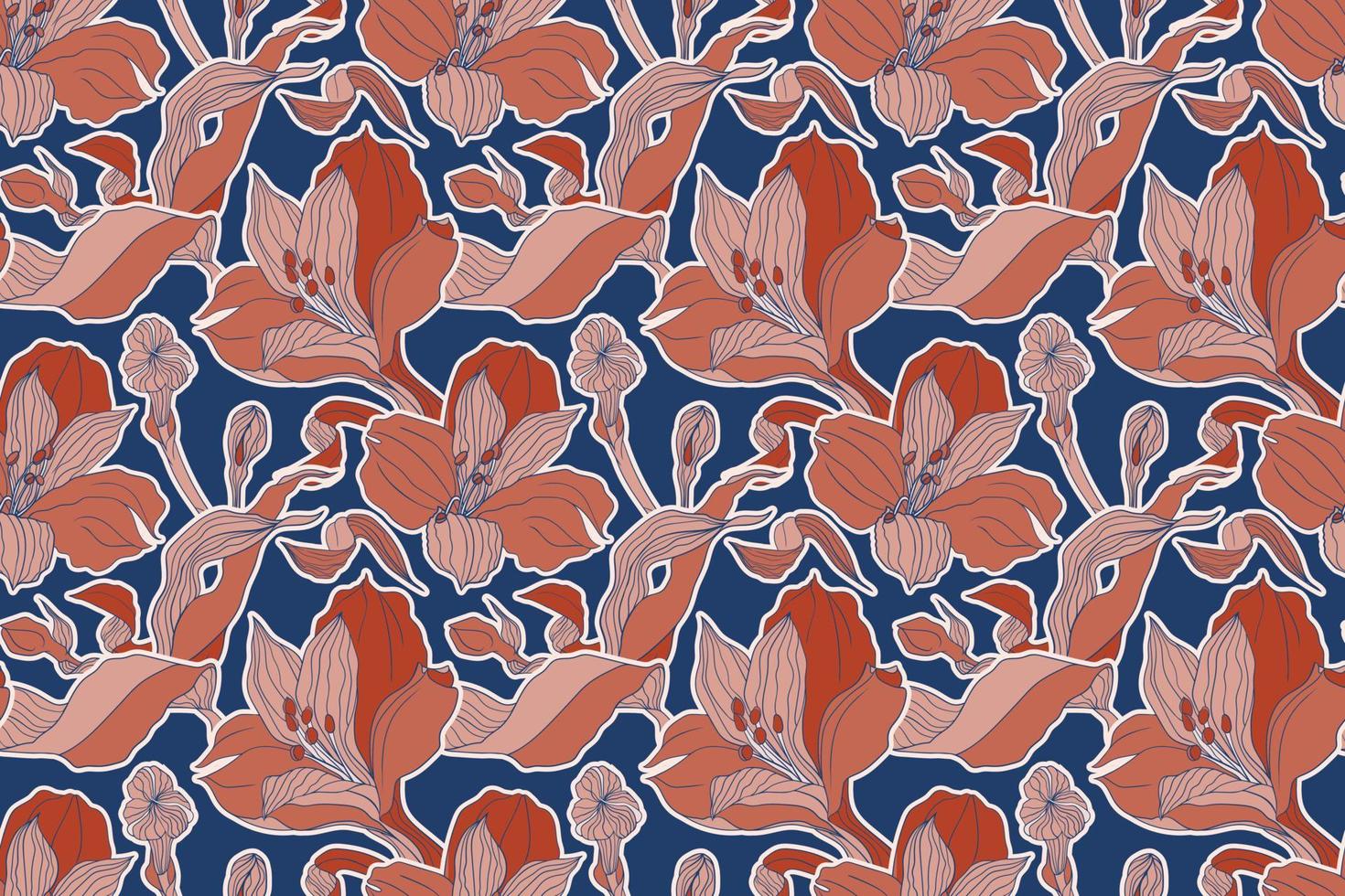 Blue and terracotta floral seamless pattern with high detalised alstroemeria buds and flowers for botanical natural print vector