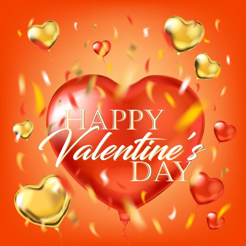 Happy Valentines Day on a big red foil heart balloonand foil confetti in air vector