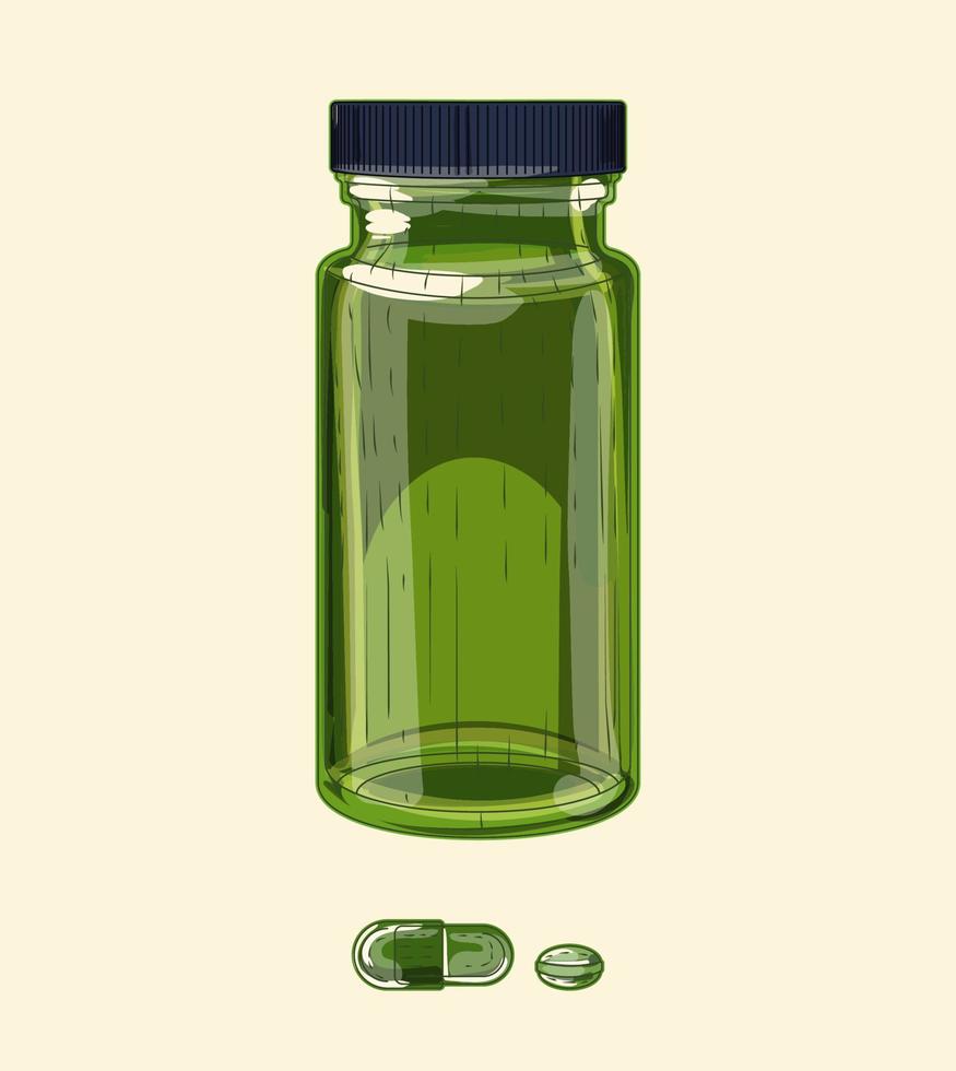 Medical green glass flacon and pills, hand drawn sketch art vector