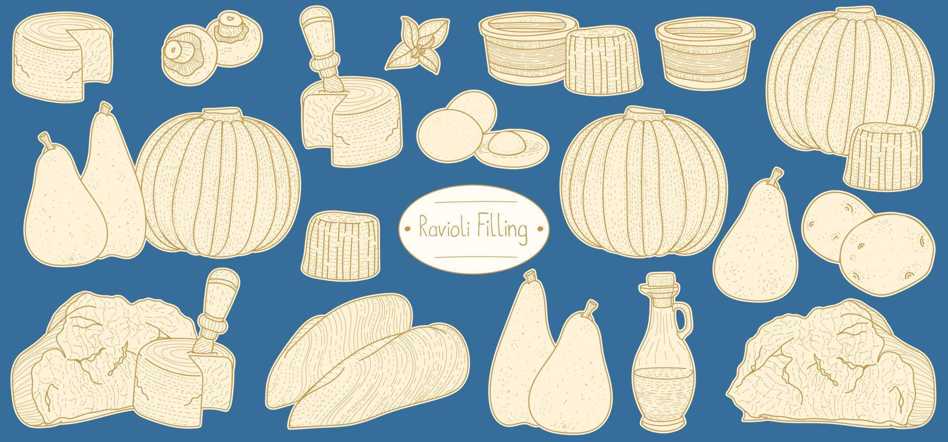 Ingredientes para relleno de ravioles de pasta rellena, dibujo de ilustración en estilo retro vector