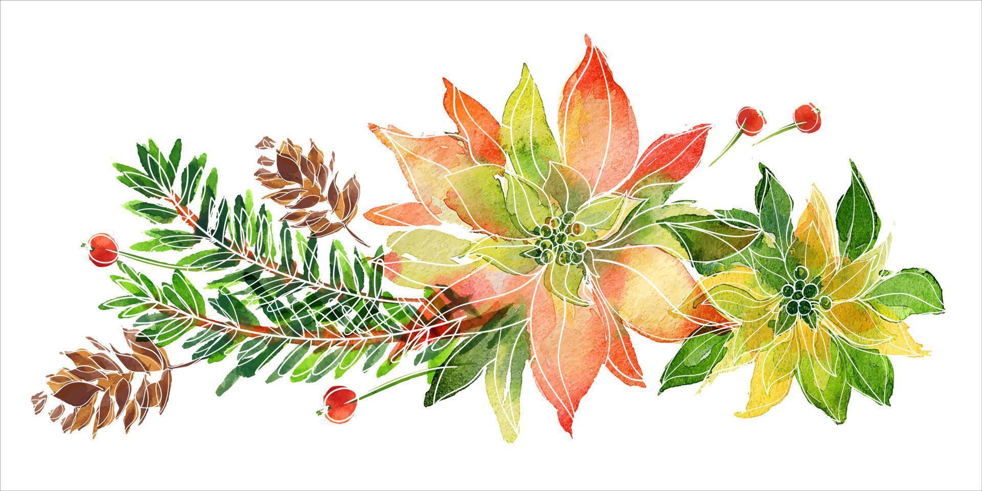 ramo de navidad con poinsettia y ramas de cerveza. viñeta de decoración para lindos saludos e invitaciones de navidad y año nuevo vector