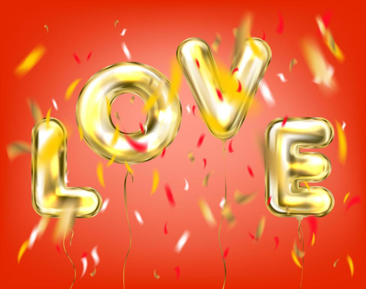 letras de amor con globos dorados en confeti rojo vector