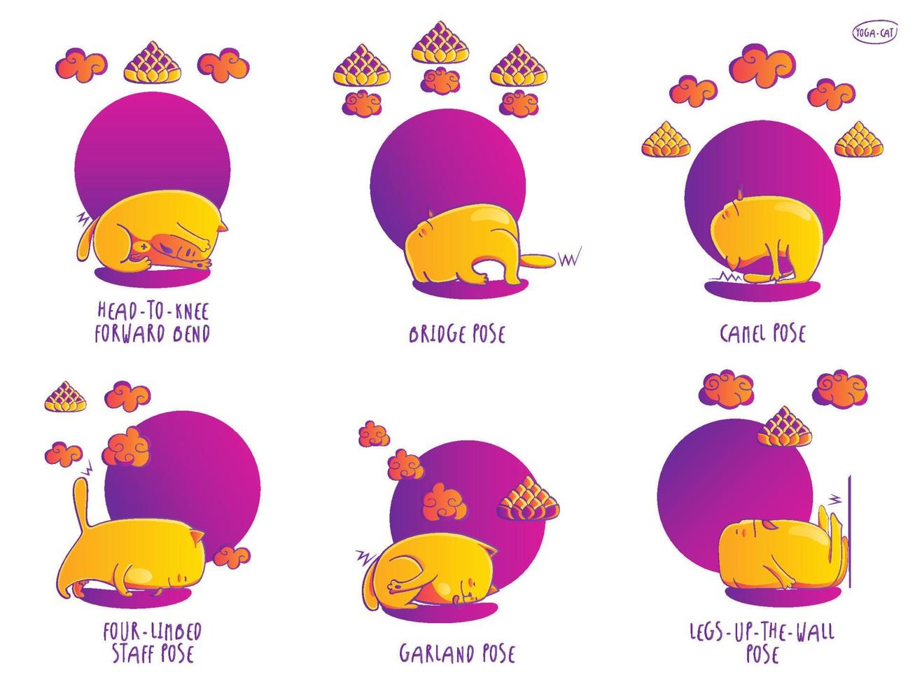 Yellow Cat get fitness, funny set of basic Yoga poses vector