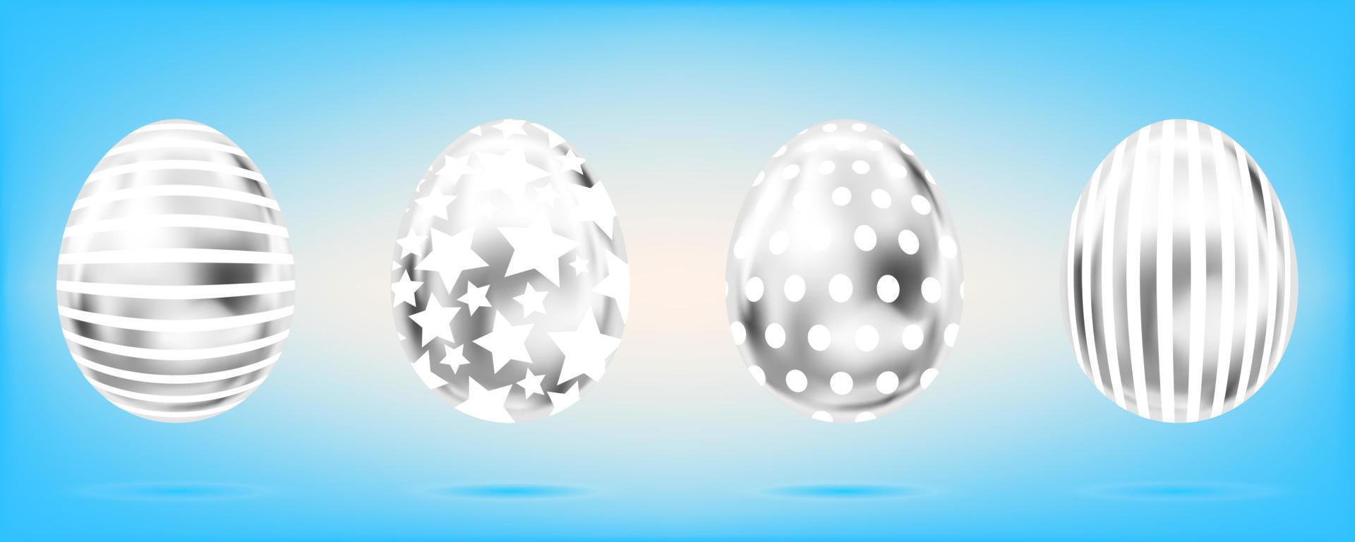 cuatro huevos de plata sobre el fondo azul cielo. objetos aislados para la decoración de Pascua. estrella, puntos y rayas adornados vector