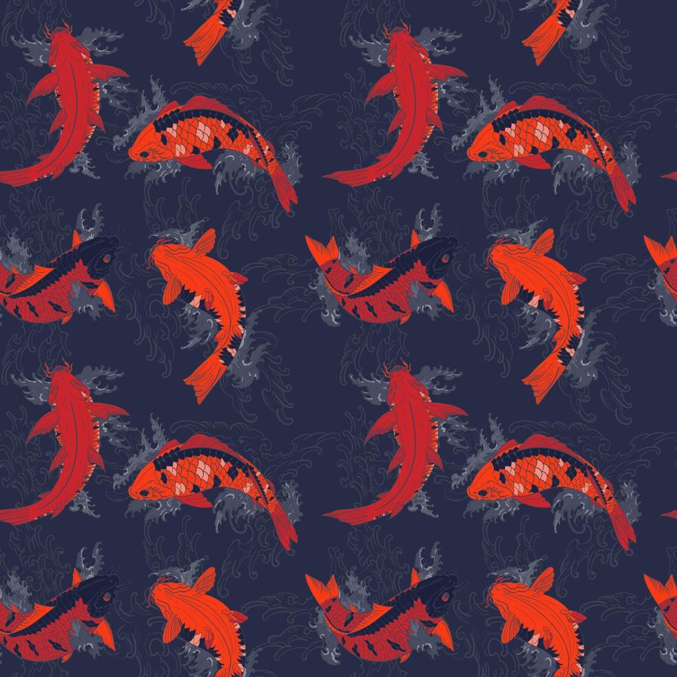 Dark blue seamless pattern with Japanese Koi Carp funny fishes vector