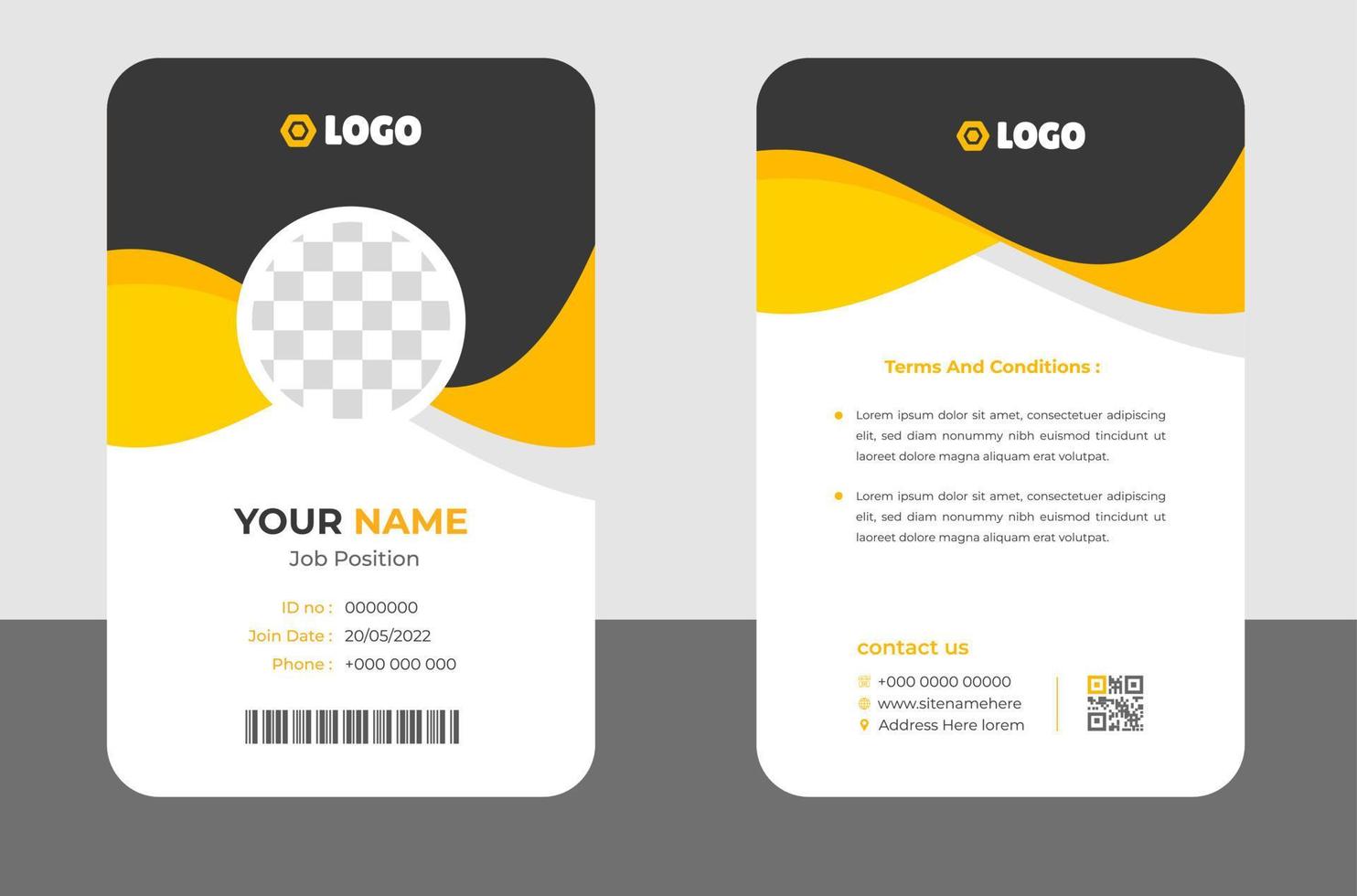 plantilla de tarjeta de identificación comercial moderna y limpia. plantilla de diseño de tarjeta de identificación profesional con color amarillo. plantilla de diseño de tarjeta de identificación empresarial moderna corporativa. plantilla de tarjeta de identificación de empleado de la empresa. vector