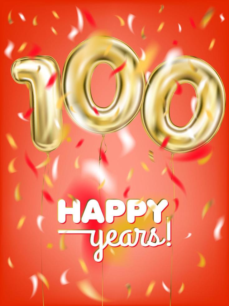 High quality vector image of gold balloon hundred and confetti on the red background