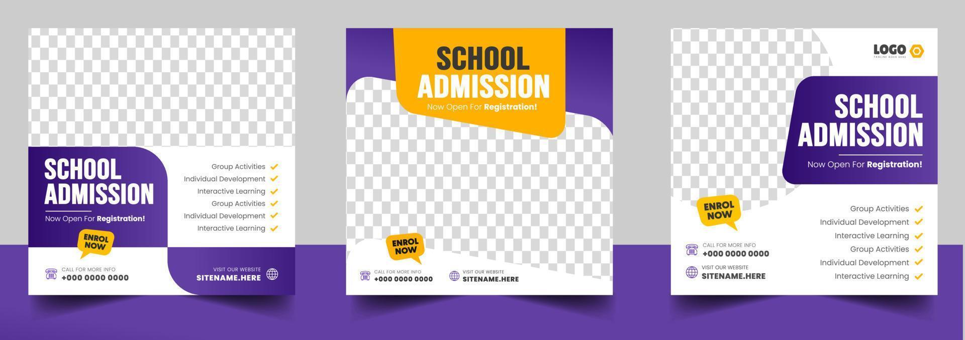 School admission social media post banner design. back to school social media post banner design set. Back to school admission promotion banner. school admission template for social media ad. vector