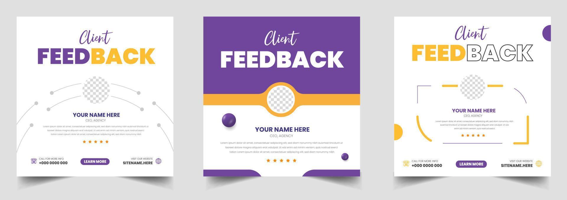 Customer feedback testimonial social media post web banner template. client testimonials social media post banner design template with blue color vector