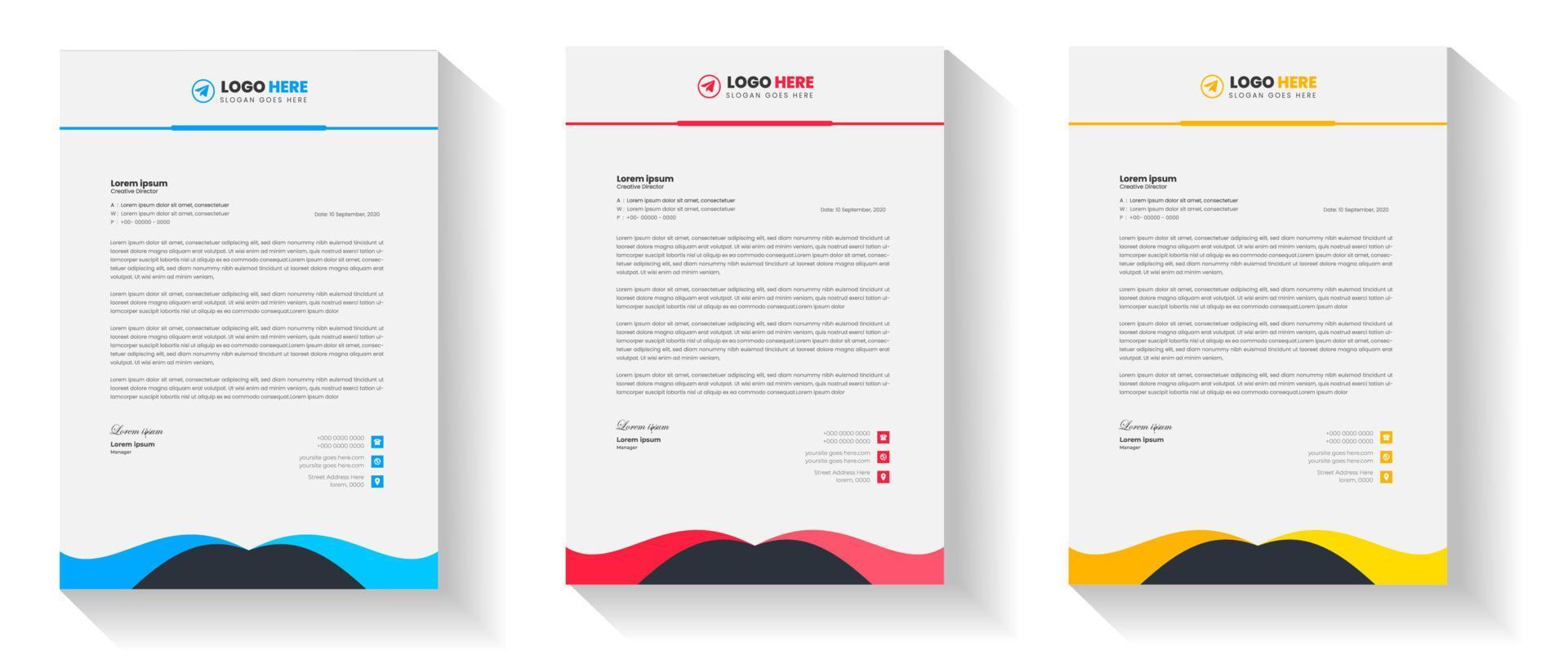 plantilla de diseño de membrete empresarial moderno corporativo con color amarillo, azul y rojo. plantilla de diseño de membrete moderno y creativo para su proyecto. membrete, membrete, diseño de membrete comercial. vector