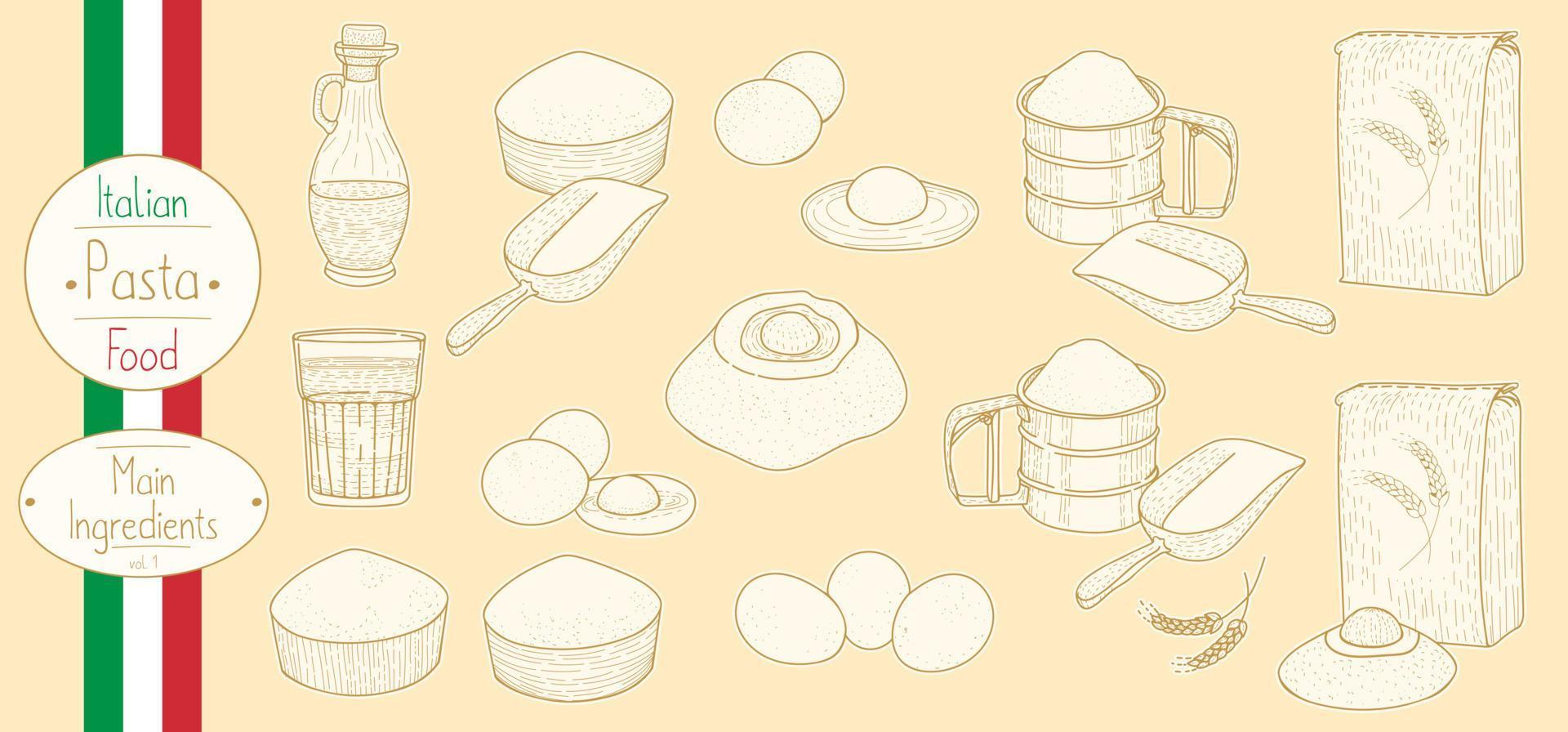 ingredientes principales para cocinar pasta de comida italiana, dibujar ilustraciones en estilo antiguo vector