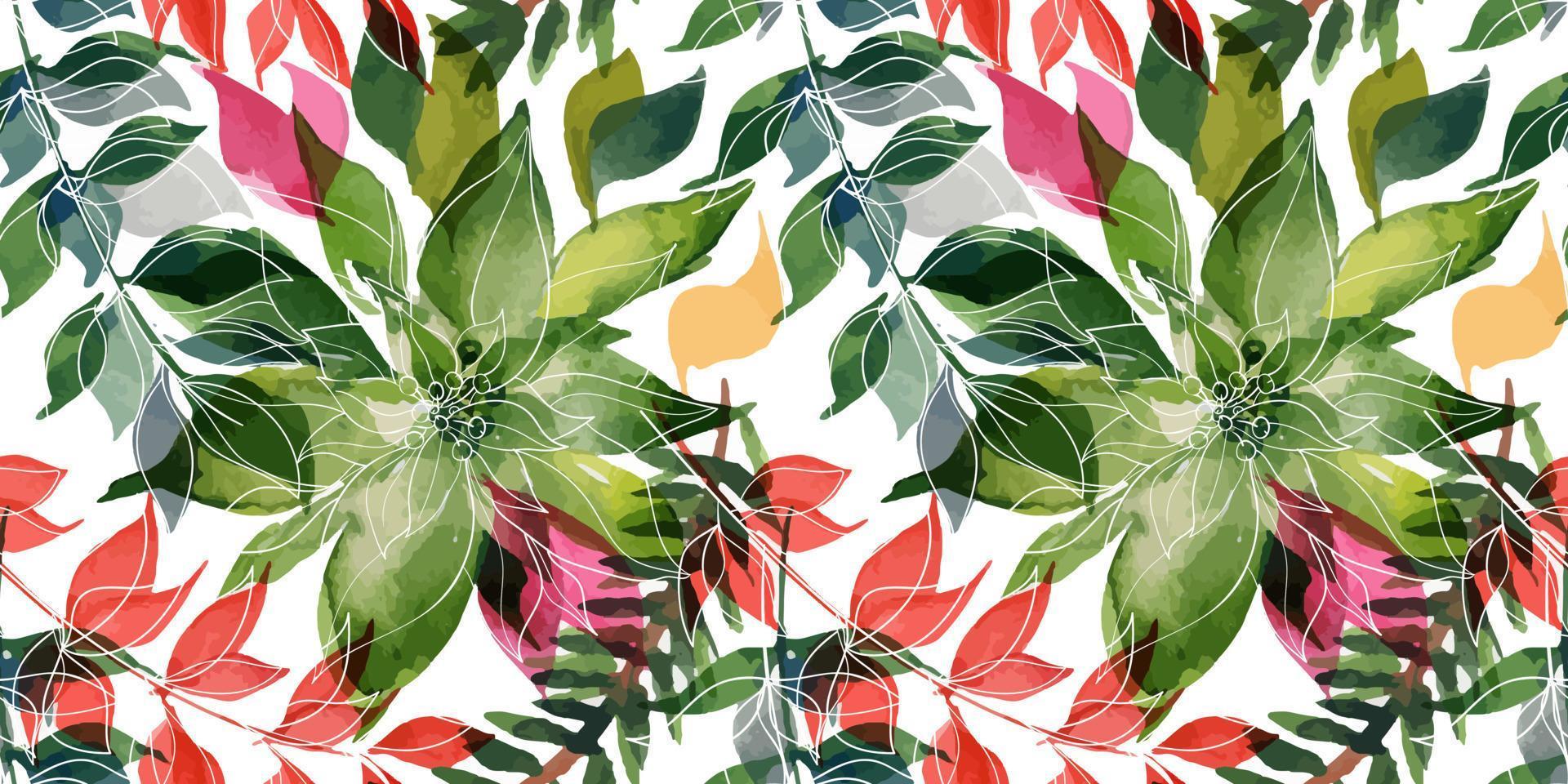 ChChristmas floral traced watercolor seamless pattern. Poinsettia and laurel branch and ale. Seamless decor for cute Christmas and New Year greetings and invitations and wrapping paper or textiles vector