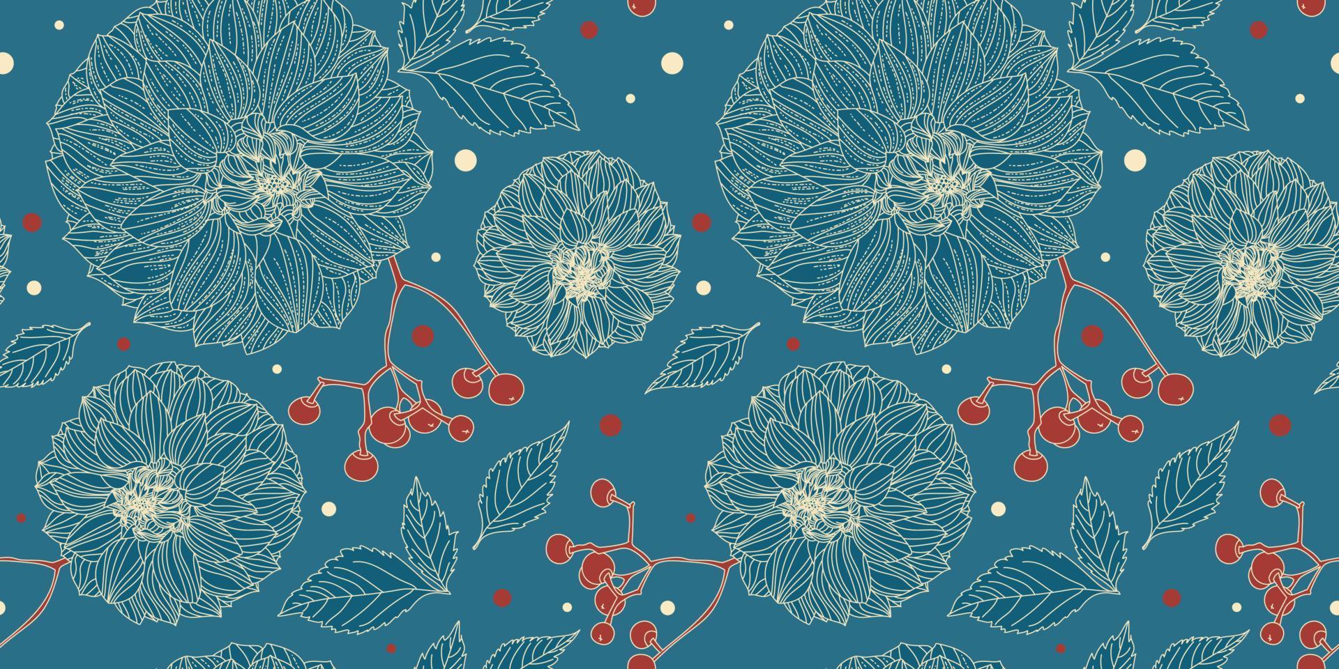 Turquoise floral seamless pattern of dahlia flowers in vintage style vector