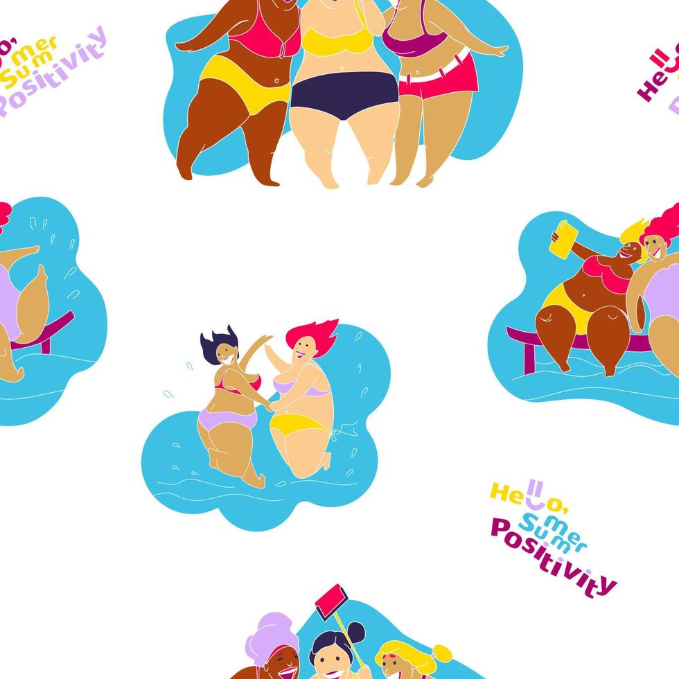 Funny Happy Fat Girl on the Summer Beach, seamless pattern vector