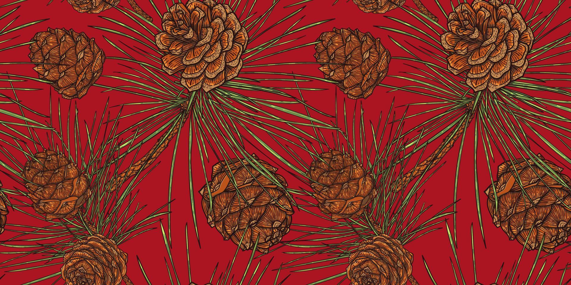 Christmas Cedar Cones Botanical Seamless Pattern, red background vector