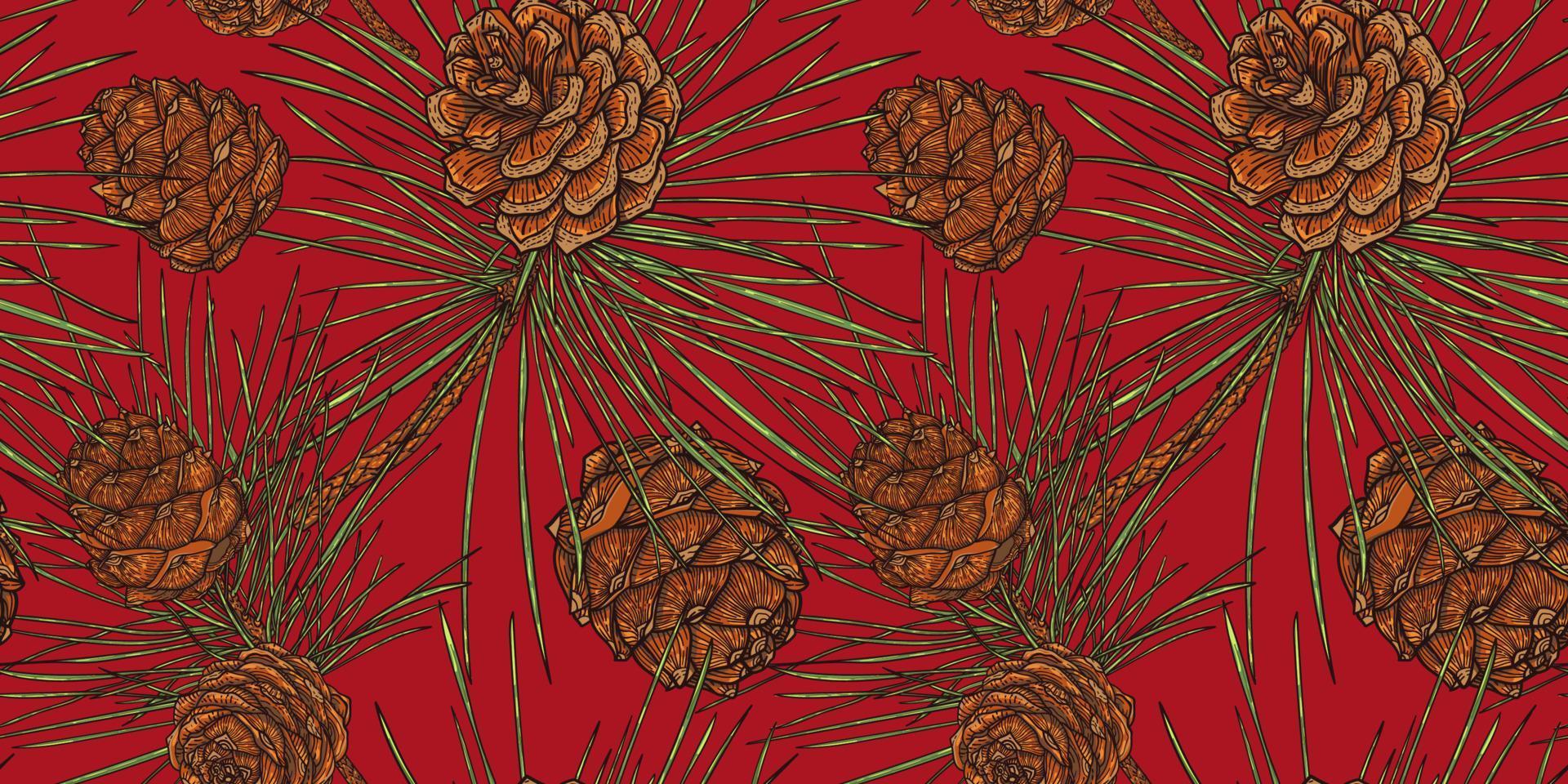 Christmas Cedar Cones Botanical Seamless Pattern, red background vector