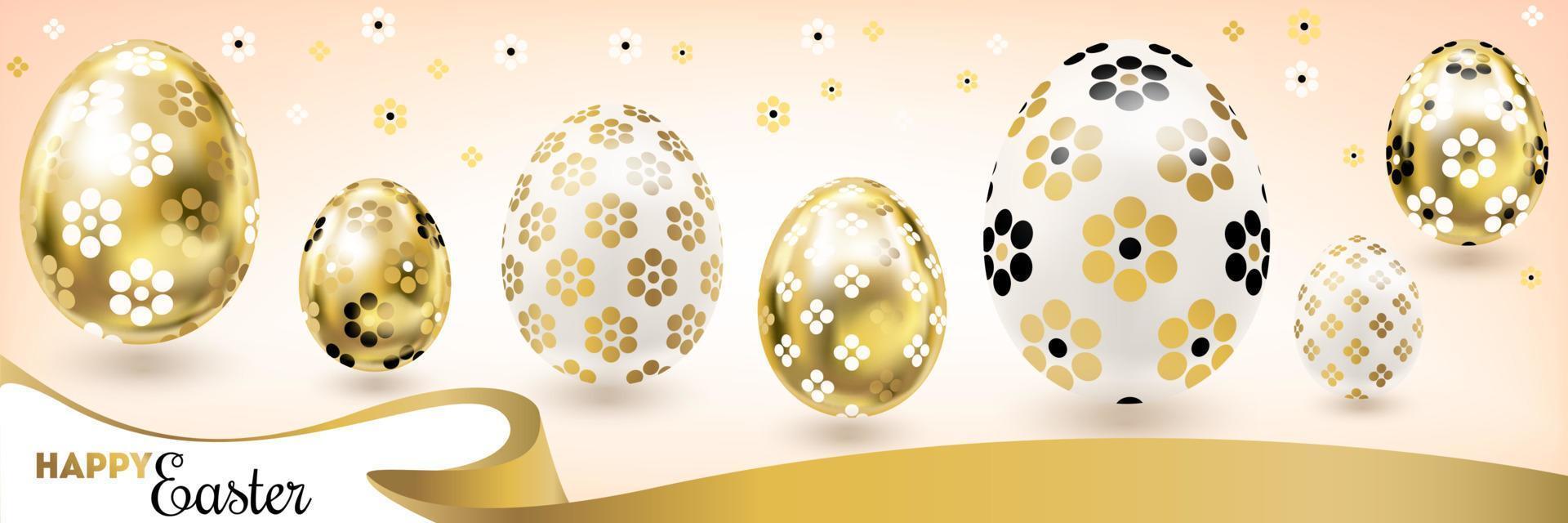 Happy Easter banner with golden eggs and silk ribbon vector