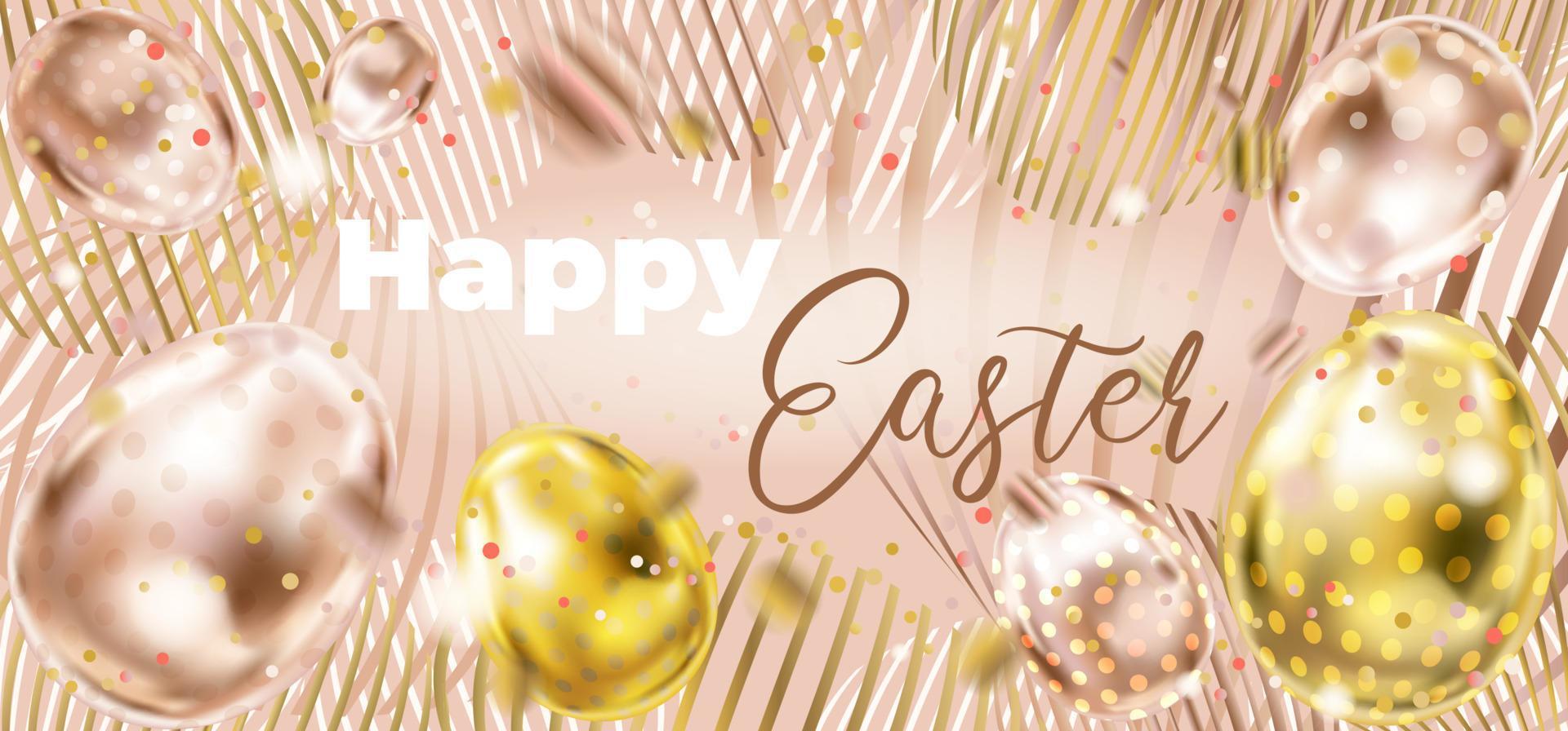 Happy Easter banner with golden eggs on the vintage pink color background vector