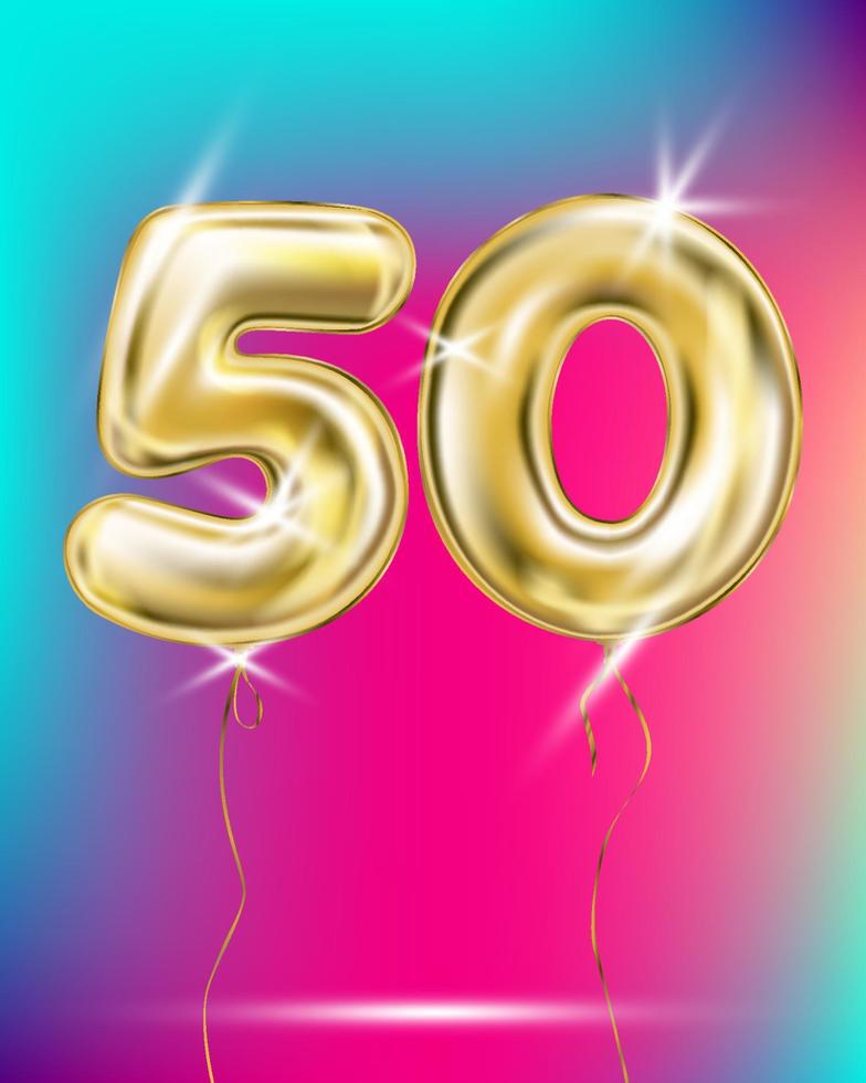 Gold foil balloon fifty 50 number on disco rainbow gradient background vector