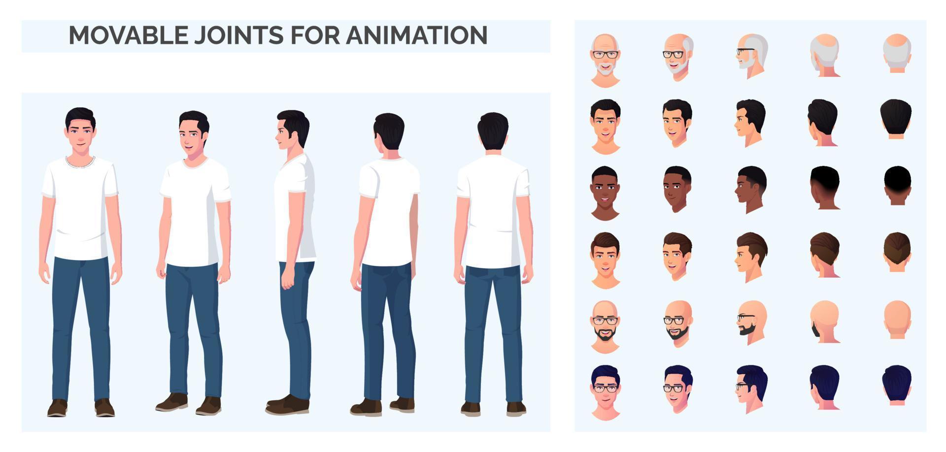 creación de personajes de dibujos animados con un hombre casual con camiseta blanca y jeans azules, vista frontal, trasera y lateral con múltiples razas y etnias vector
