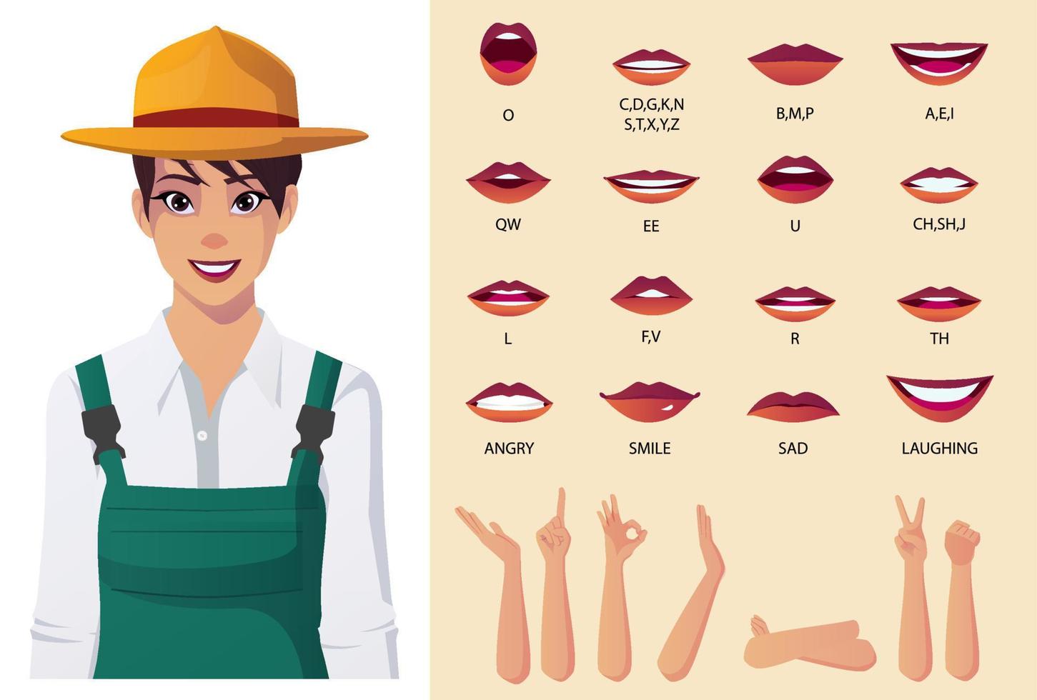 Female Farmer Character with Lips Sync, Face Animation, Emotions and some Hand Gestures vector