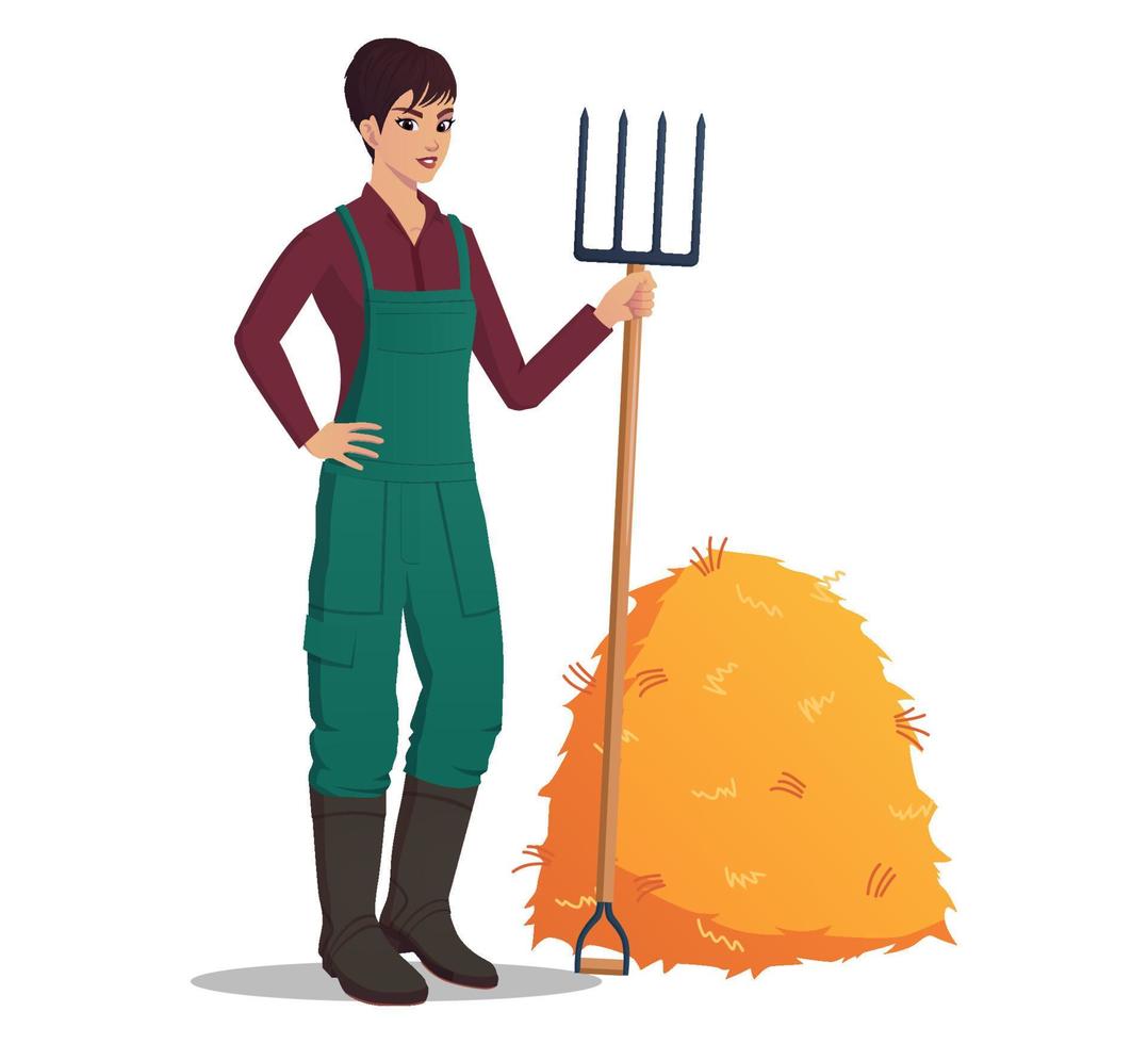Woman Farmer with Fork and Hay pile character illustration vector