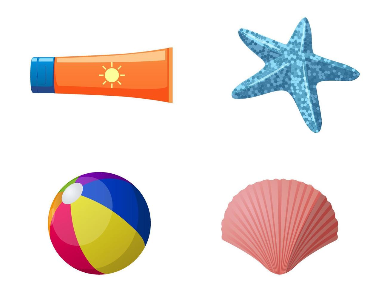 Sun Screen, Starfish, Beach Ball and Sea shell Isolated Illustrations Set vector