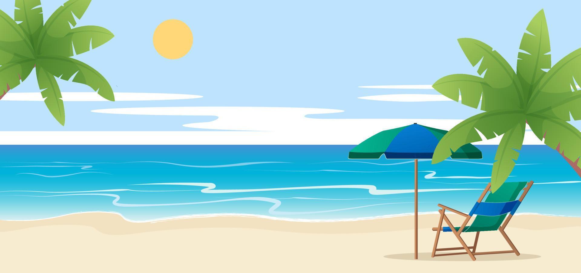 playa con palmera y silla, paraguas, ilustración de vector de vacaciones de verano