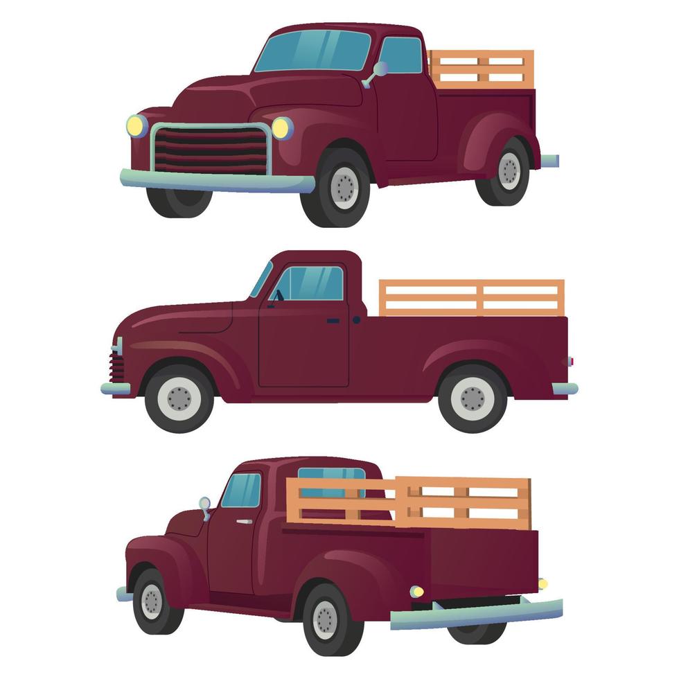 Ilustración de vector de vista frontal, lateral y trasera de camioneta vintage de granjero