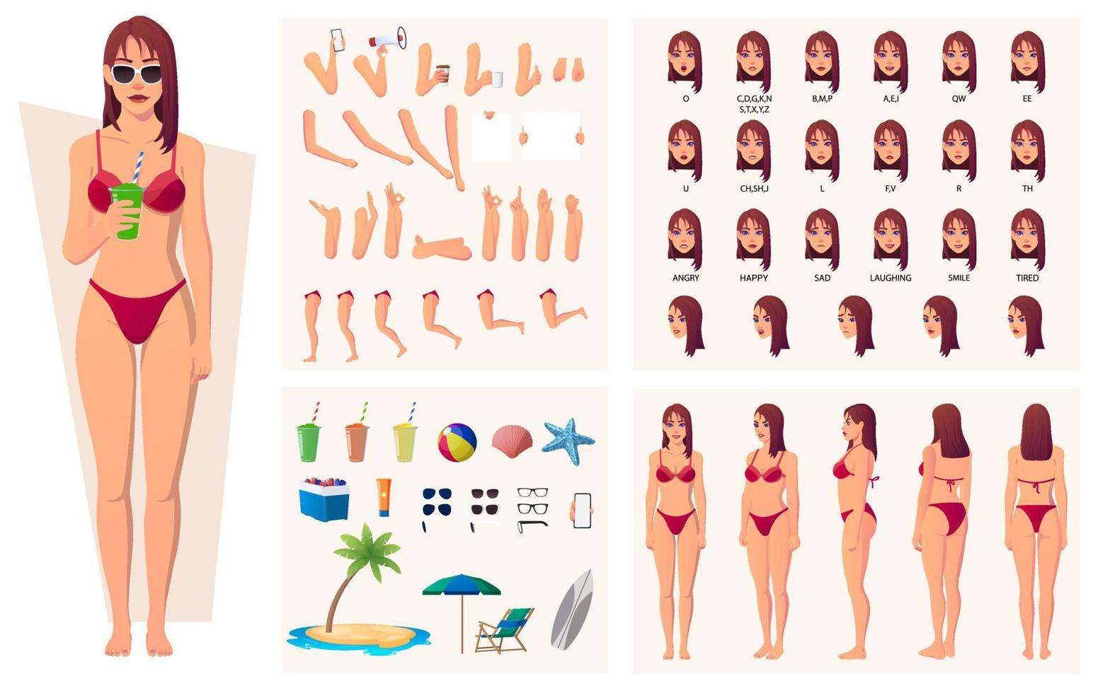 Summer Woman Wearing Bikini Character Constructor with Beach wear and lip sync side, front and back view Illustration vector