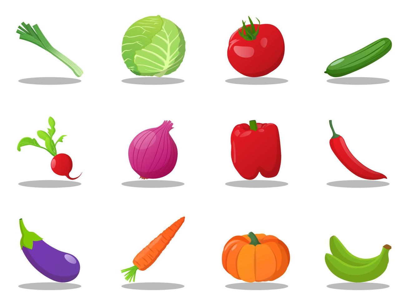 verduras frescas con tomates, repollo, puerro, pepino, cebolla, plátano, zanahoria, rábano, ilustraciones de dibujos animados vector